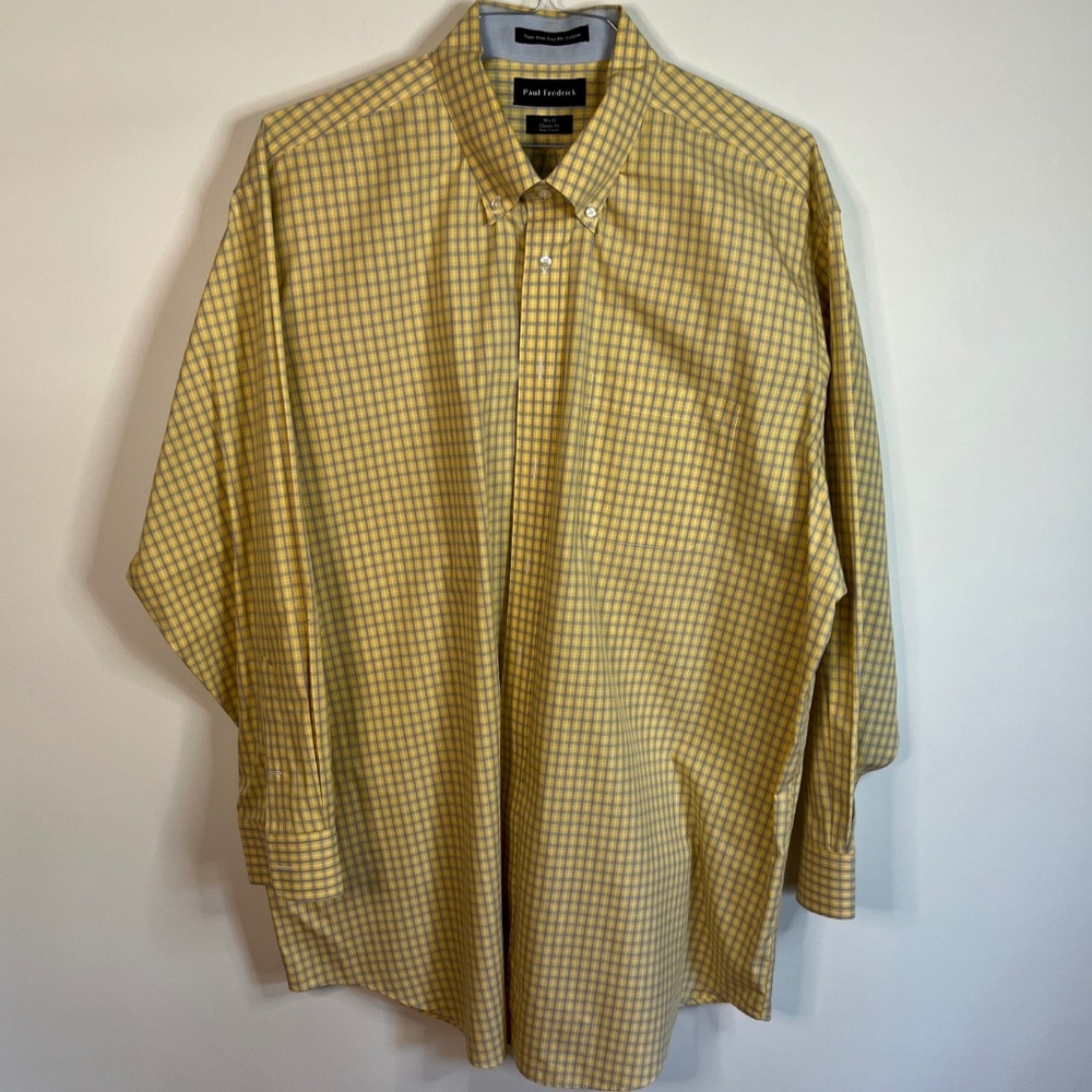 Paul Frederick Shirt Mens 19x35 Non-Iron Two Ply Cotton Classic Fit Yellow/Blue